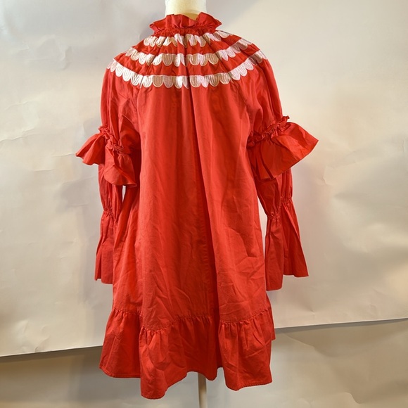Cynthia Rowley | Coral Mock Neck Long Sleeve Ruffle Embroidered Dress | Small - Picture 10 of 14